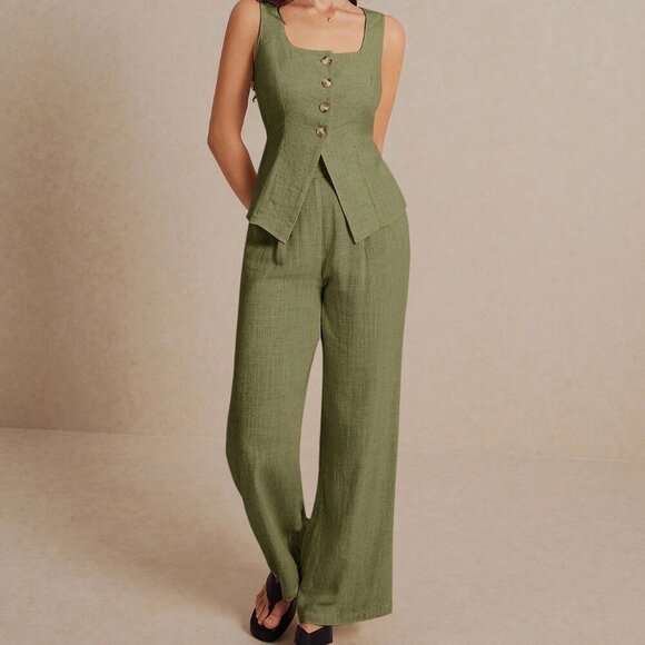 Army Green Casual Women's Summer Linen Sleeveless Vest Top And Trousers Set - Picture 5 of 8